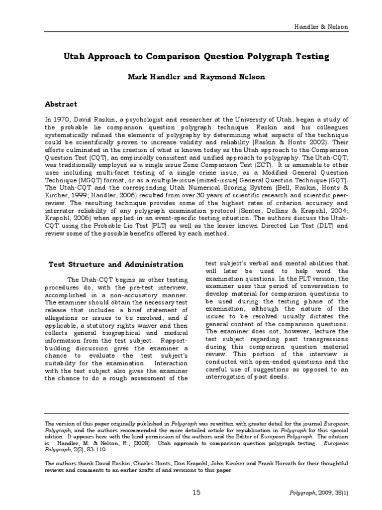 The Utah Approach To Comparison Question Polygraph Testing PDF
