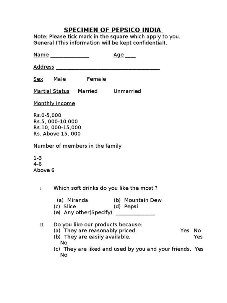 Questionnaire On Pepsico LTD India Pepsi Co Soft Drink