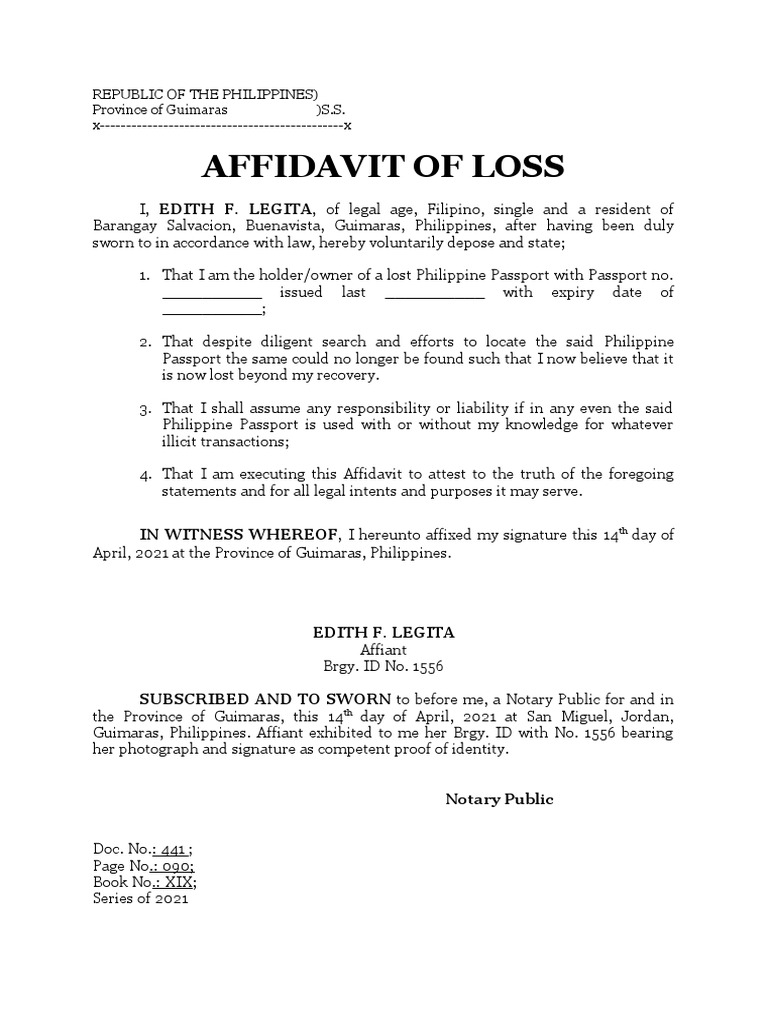 Affidavit of Loss Passport
