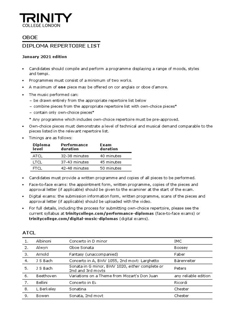 Oboe Diploma Repertoire List January 2021 Edition PDF Concerto Sonata