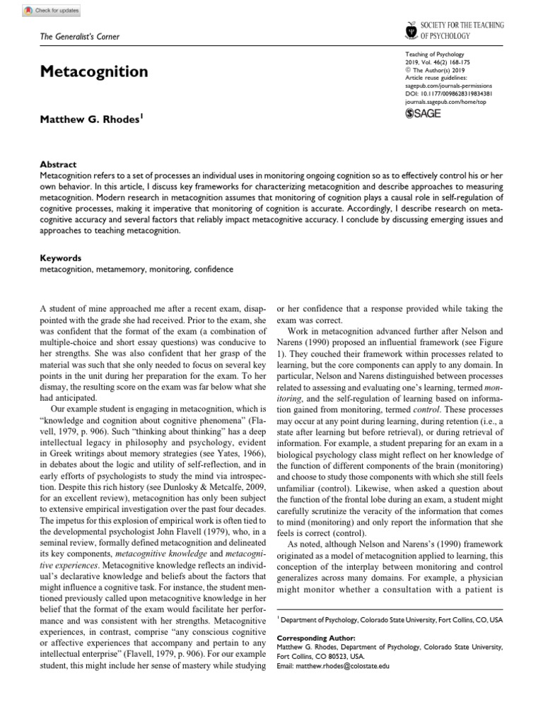 Understanding Metacognition: Key Concepts, Frameworks, and Research on ...