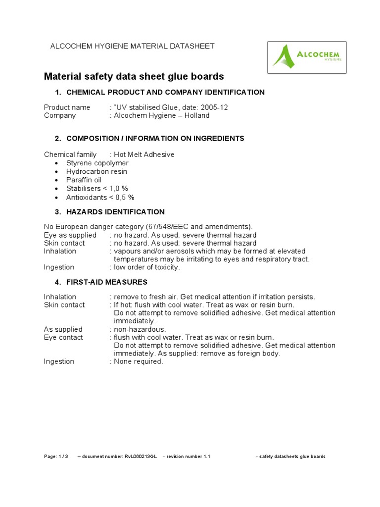 Material Safety Data Sheet Glue Boards 1. Chemical Product and Company