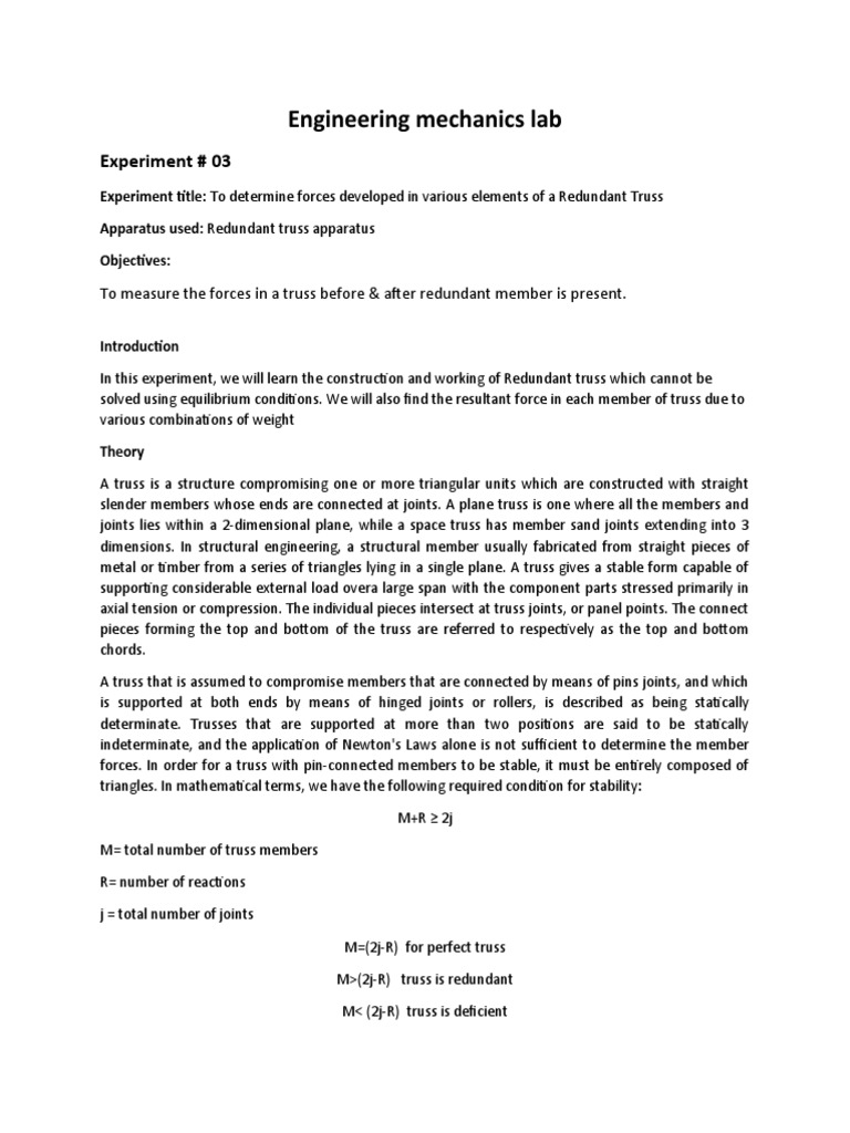 Engineering Mechanics Lab Manual | PDF | Truss | Lever