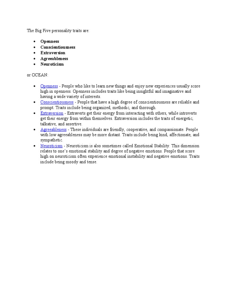 The Big Five Personality Traits: OCEAN Framework Explained | PDF