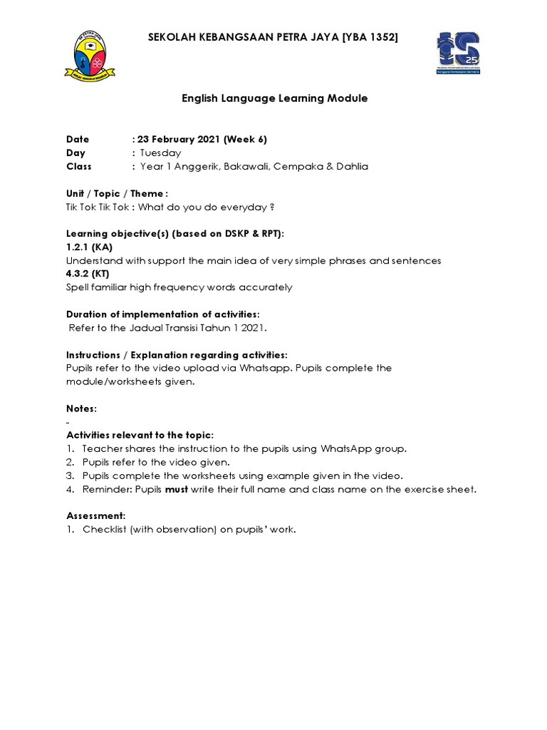 English Module Year 1 Week 6 2021 Transition Pdf
