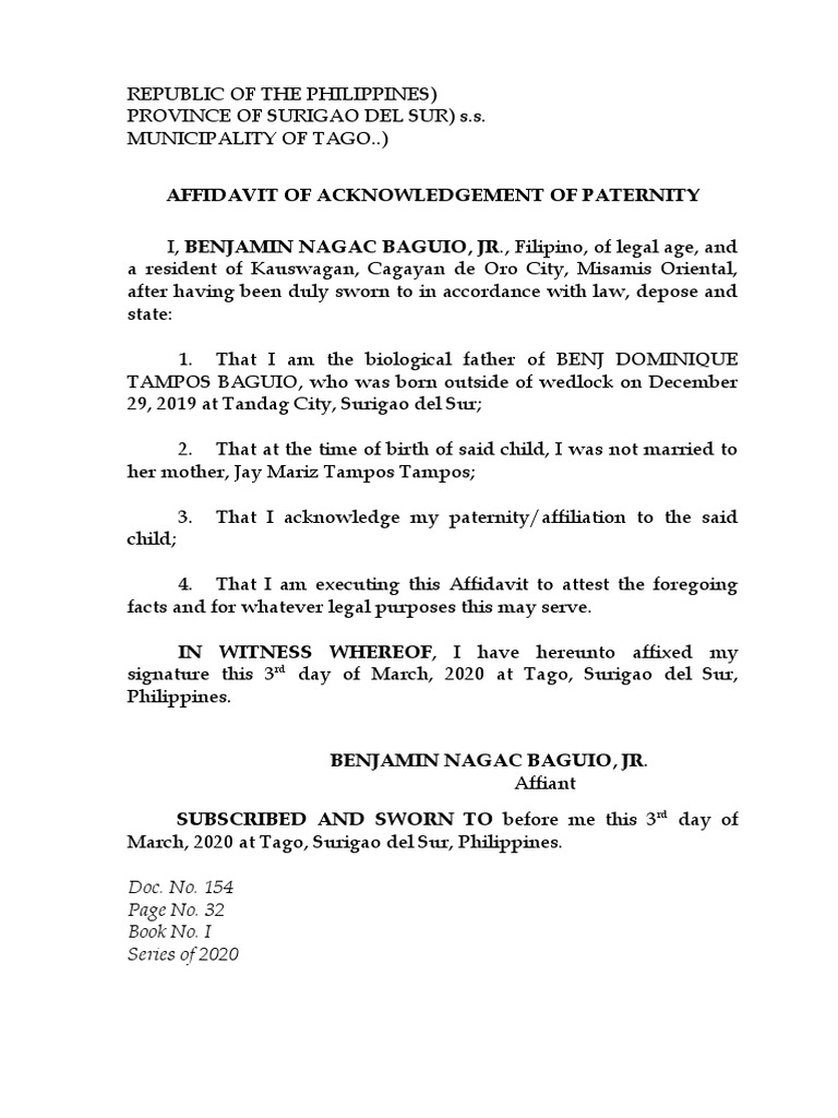 AFFIDAVIT OF ACKNOWLEDGEMENT OF PATERNITY (Baguio) | PDF