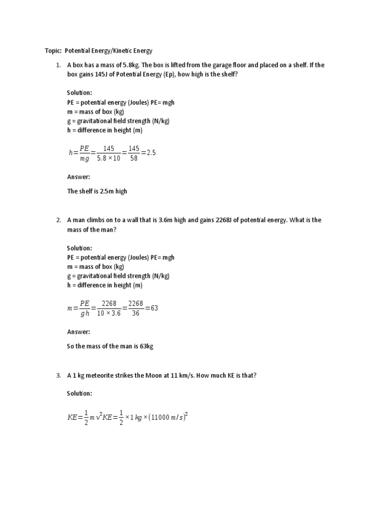 Potential and Kinetic Energy Problems | PDF