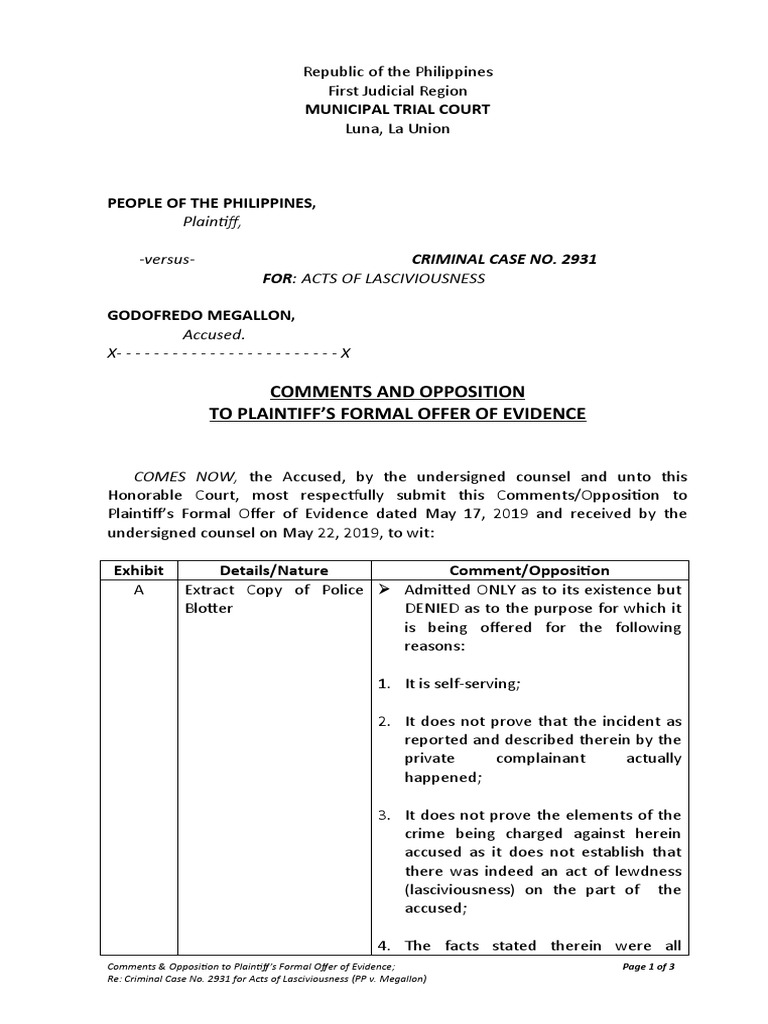 Opposition to Formal Evidence Offer | PDF | Evidence | Trials