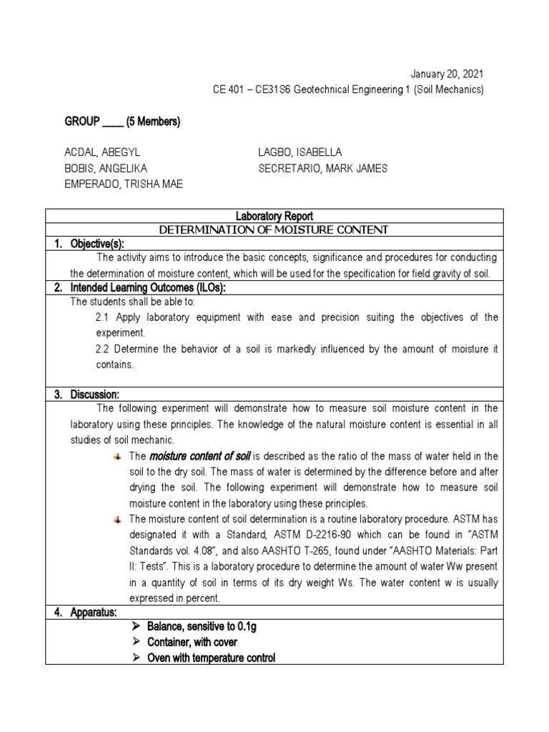 Determination of Moisture Content Lab Report PDF Soil Laboratories