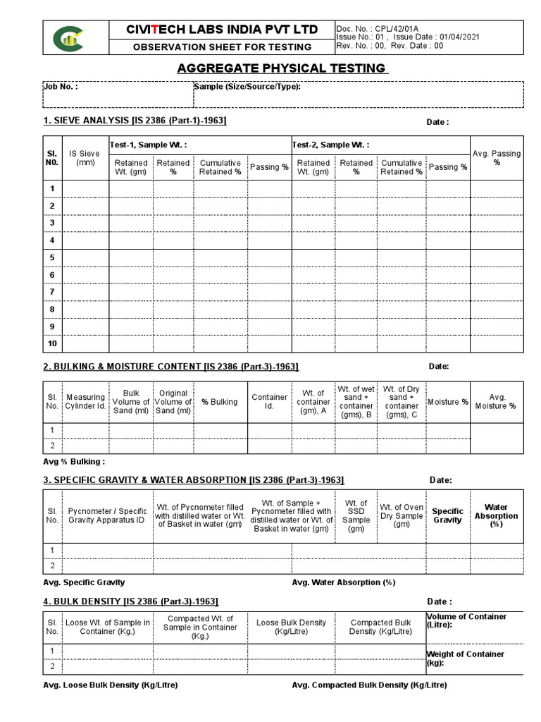 Aggregate Testing Observation Sheet | PDF | Litre | Density