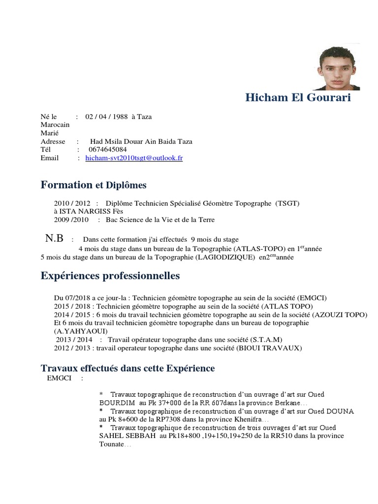 CV de Hicham El Gourari - Technicien Topographe | PDF | Science ...