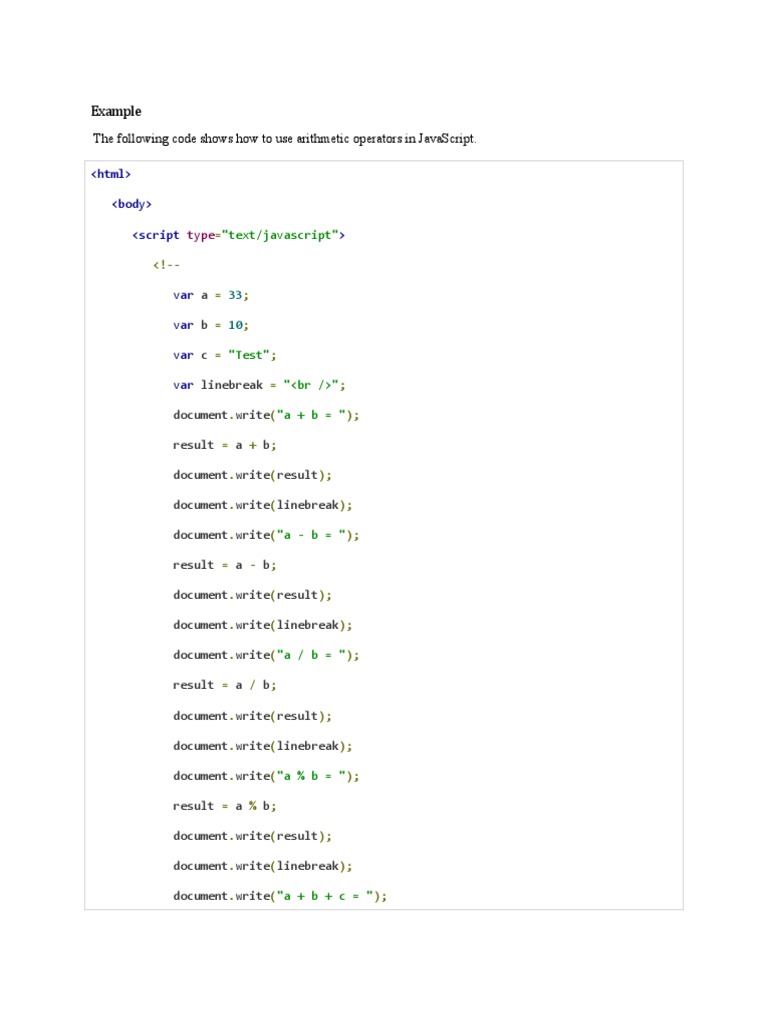 Example: The Following Code Shows How To Use Arithmetic Operators in ...