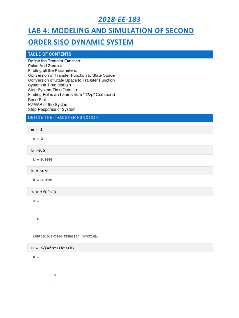 Simulation of Second Order SISO Dynamic System MATLAB | PDF