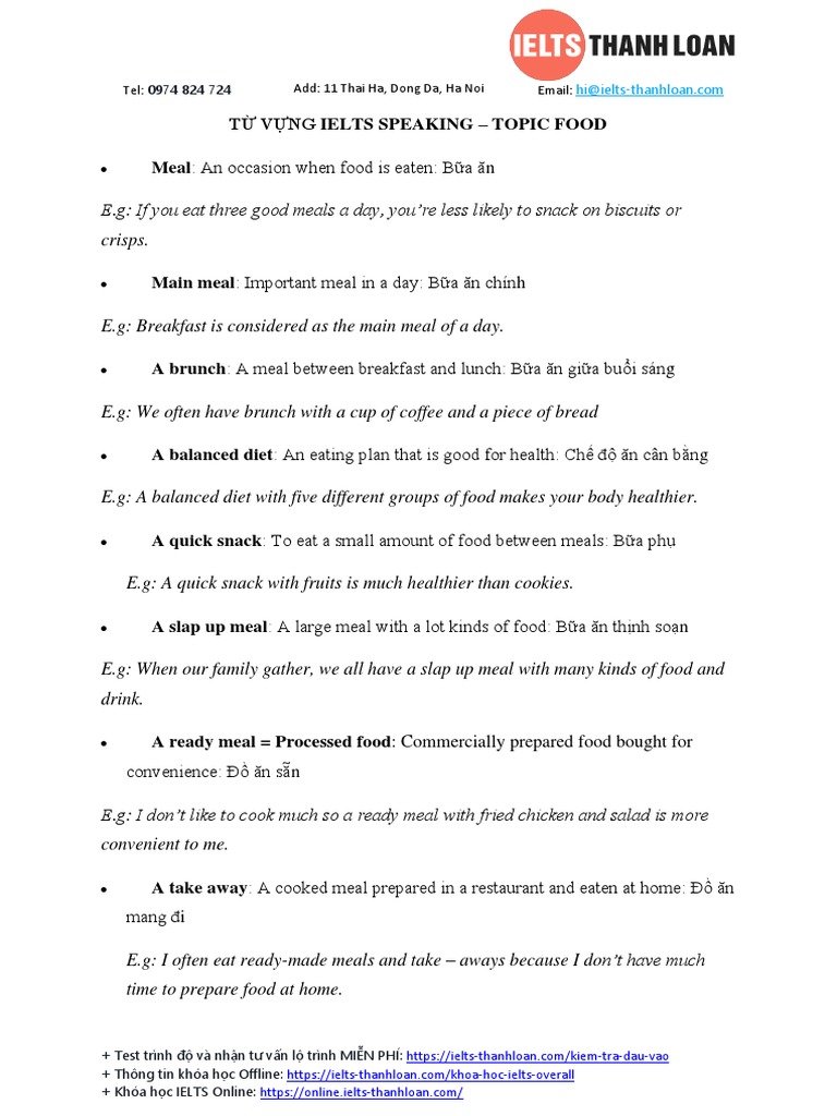 T V NG Ielts Speaking - Topic Food | PDF