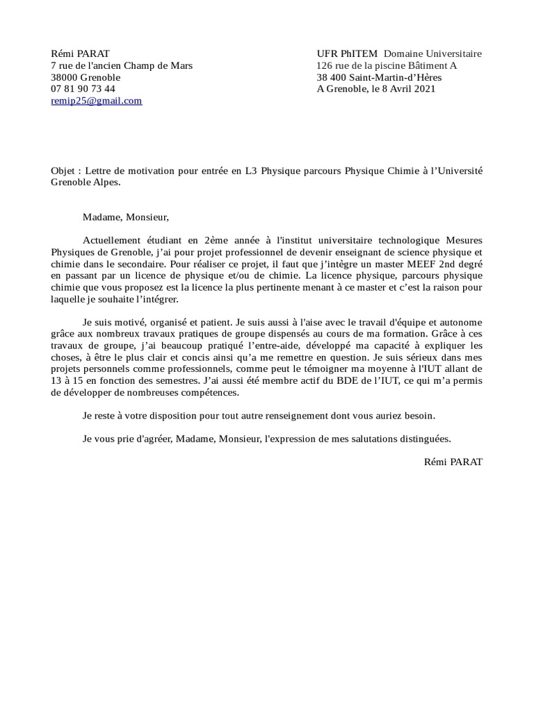 Lettre de Motivation L3 Physique Chimie Remi Parat  PDF