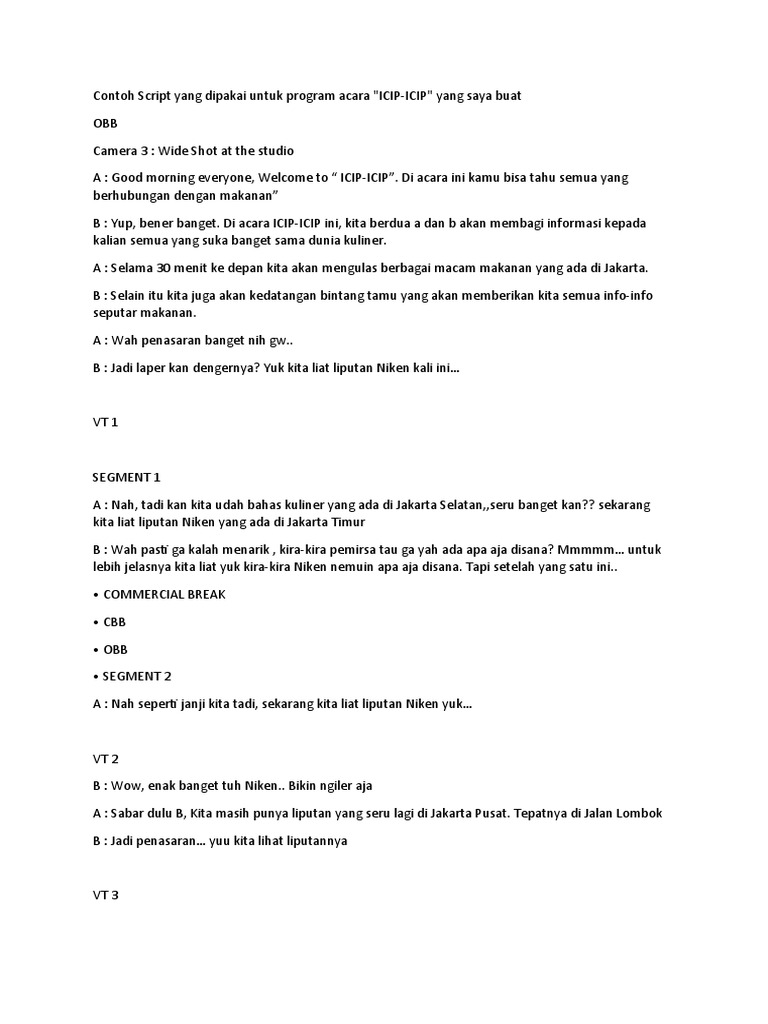 Contoh Script Acara Kuliner "ICIP-ICIP" | PDF | Memasak, Makanan, & Anggur
