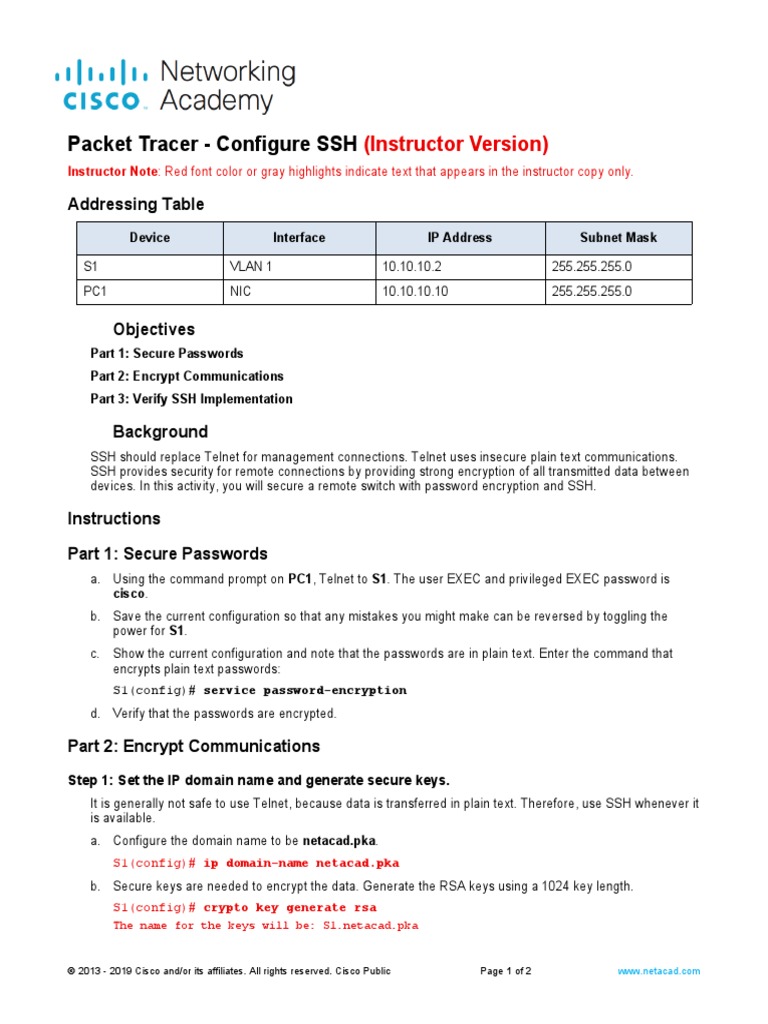 1.3.6 Packet Tracer - Configure SSH - ILM | PDF | Cryptography | Internet  Architecture