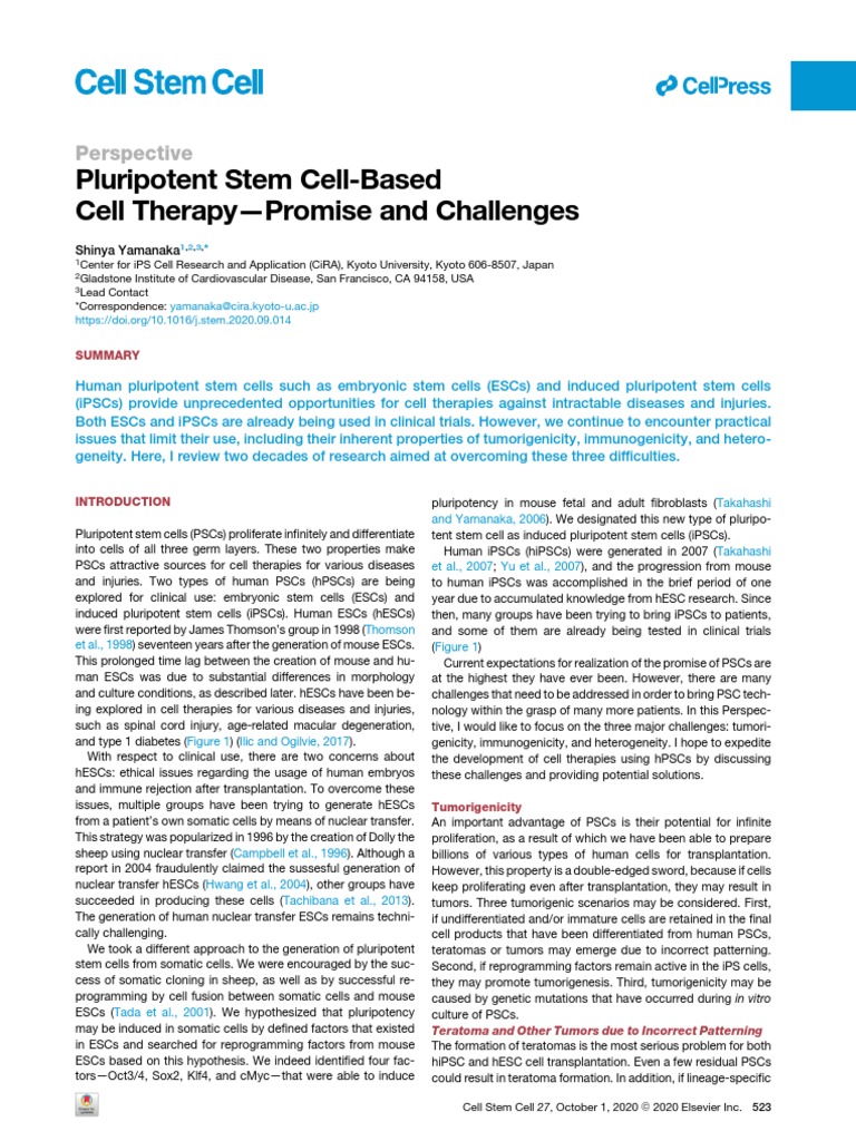 Pluripotent Stem Cell-Based Cell Therapy-Promise and Challenges | PDF ...