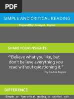 Simple and Critical Reading: Prepared By: Jovelyn L. Espino