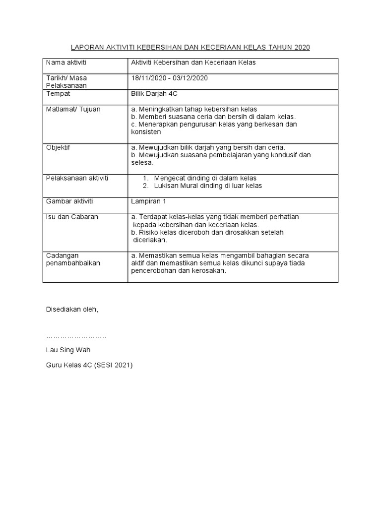 Format Laporan Aktiviti Kebersihan Dan Keceriaan Kelas Pdf