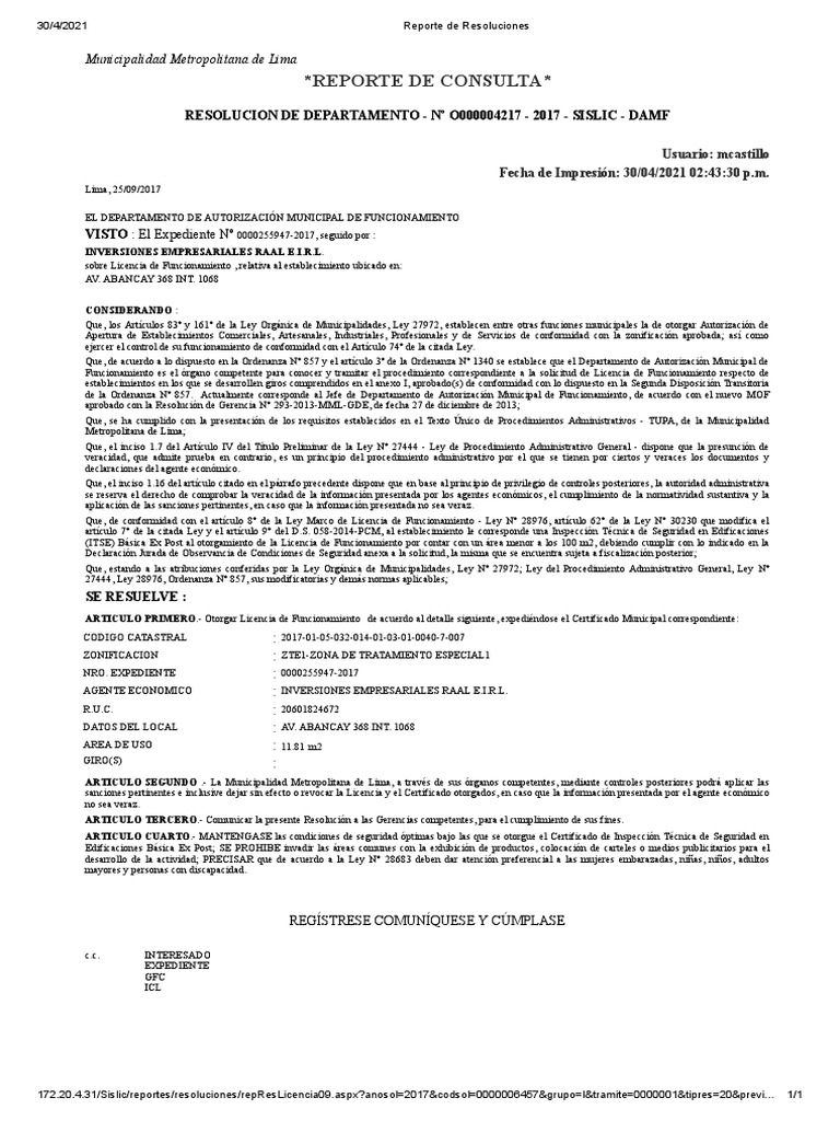 Licencia Funcionamiento Lima 2017 | PDF | Gobierno | Justicia