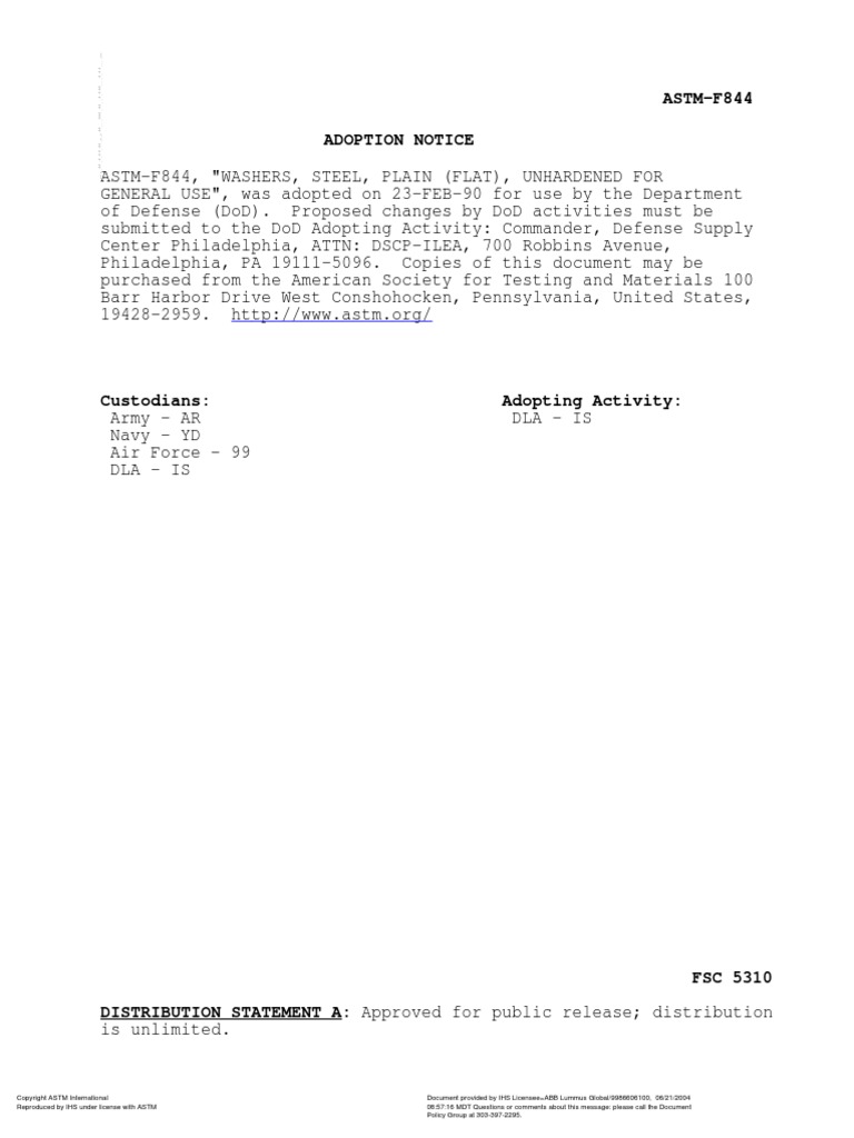 ASTMF844 Washers, Steel, Plain (Flat), Unhardened For General Use