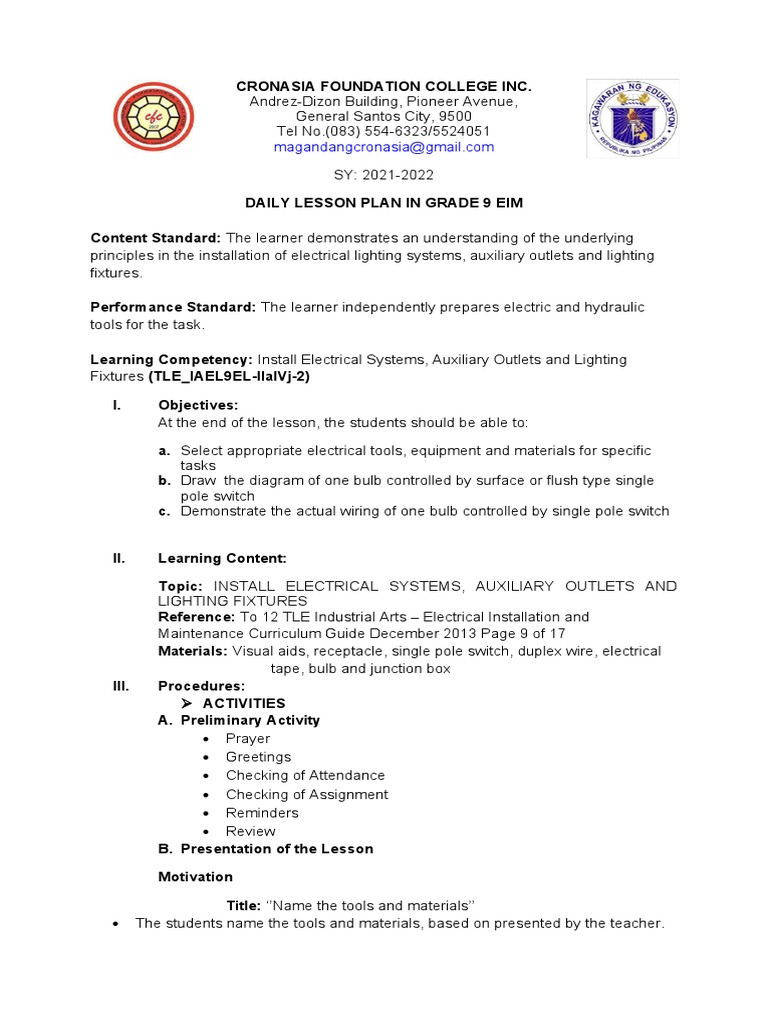 Grade 9 EIM Electrical Lesson Plan | PDF | Electrical Wiring | Switch