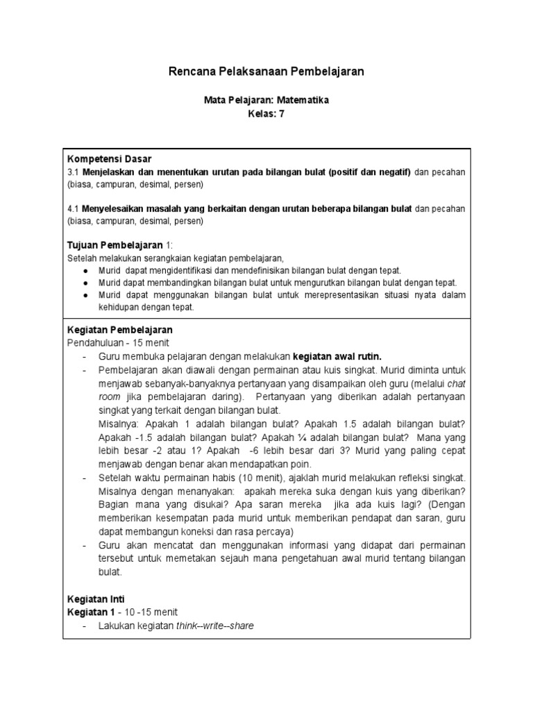 RPP Pembelajaran Bilangan Bulat Kelas 7 | PDF
