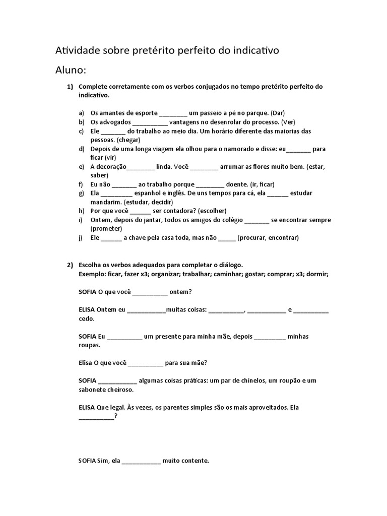 Atividade Sobre Pretérito Perfeito Do Indicativo | PDF
