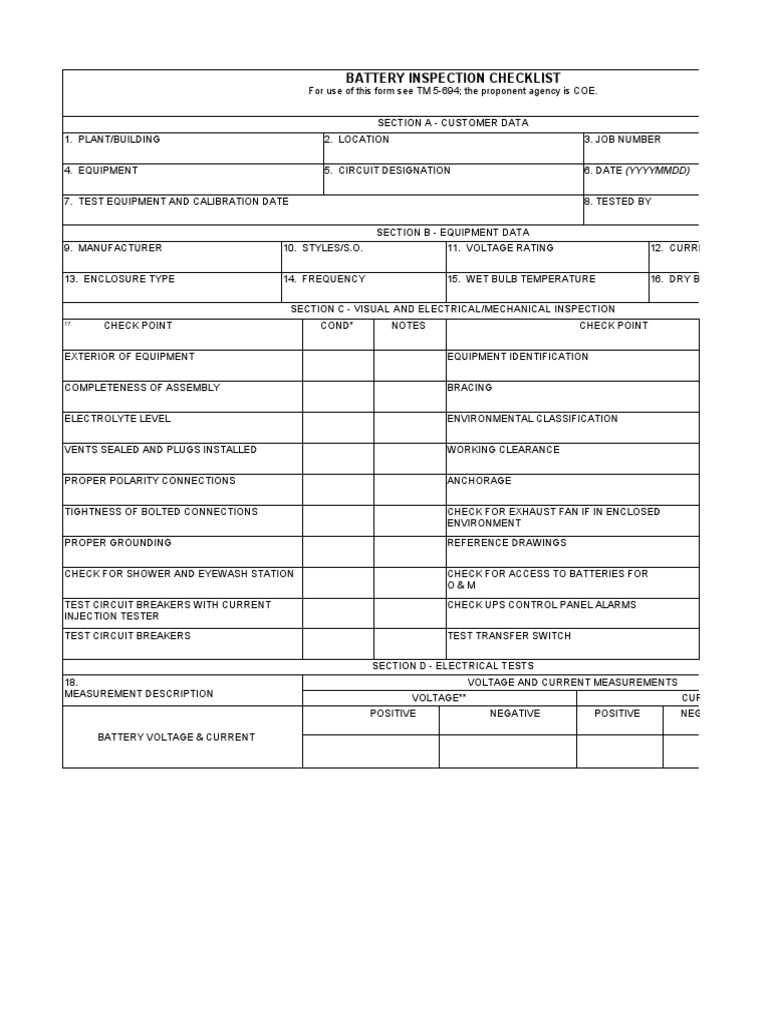 Battery Inspection Checklist Section A Customer Data PDF Voltage
