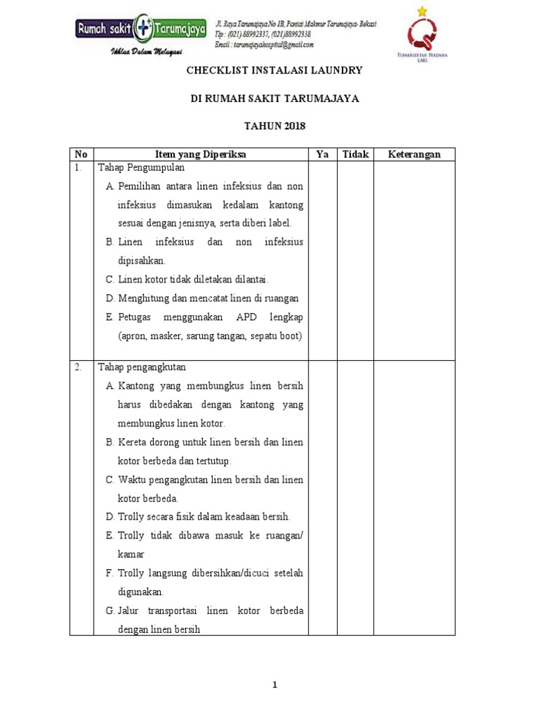Checklist Laundry Rumah Sakit 2018 | PDF | Griya & Taman | Gaya Hidup