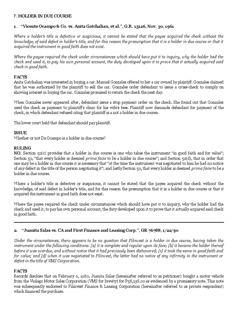 F. Holder in Due Course Case Digests PDF Negotiable Instrument Cheque