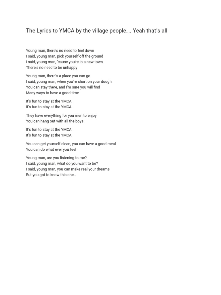 The Lyrics To YMCA by The Village People . Yeah That's All | PDF