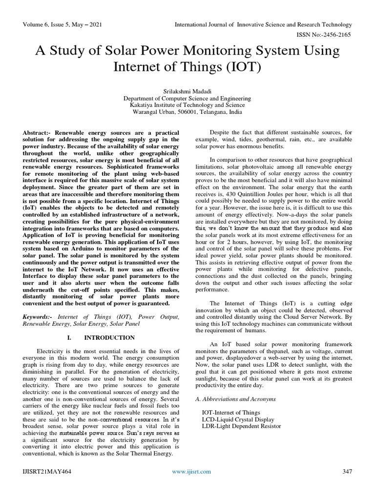A Study of Solar Power Monitoring System Using of Things (IOT