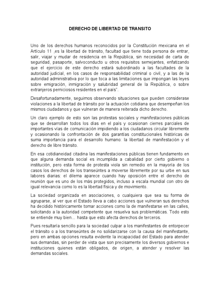 Derecho de Libertad de Transito PDF Libertad de movimiento Libertad de expresión