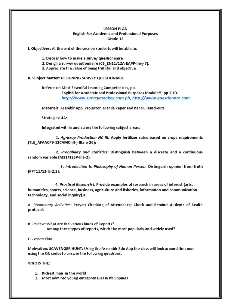 Lesson Plan Cot 2 Pdf Survey Methodology Questionnaire