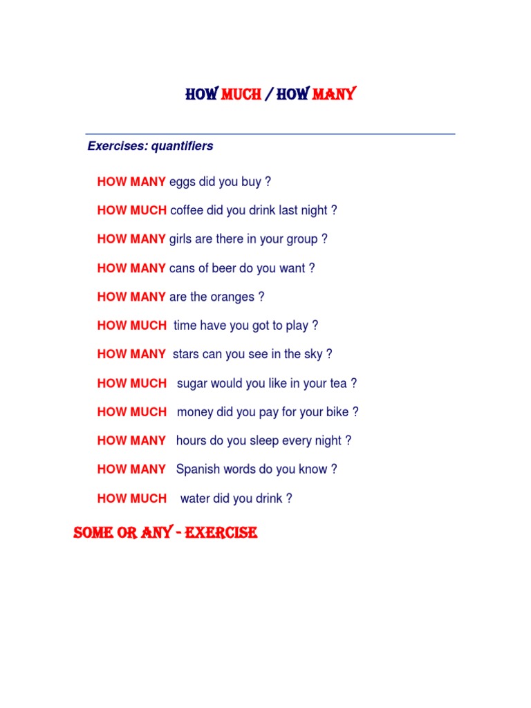 How Much vs. How Many Exercises | PDF | Cooking, Food & Wine