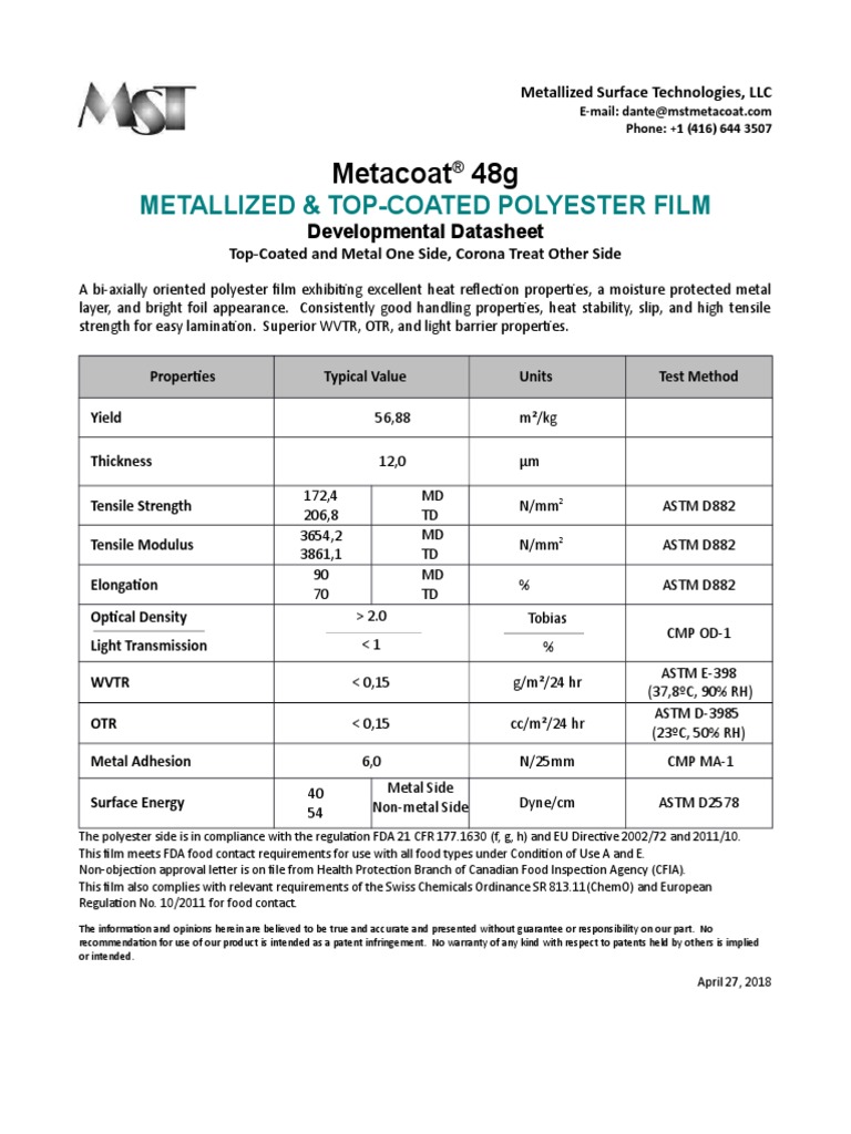 Metacoat 48g: Metallized & Top-Coated Polyester Film | PDF | Physics ...