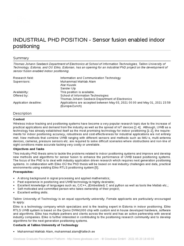 INDUSTRIAL PHD POSITION - Sensor Fusion Enabled Indoor Positioning ...