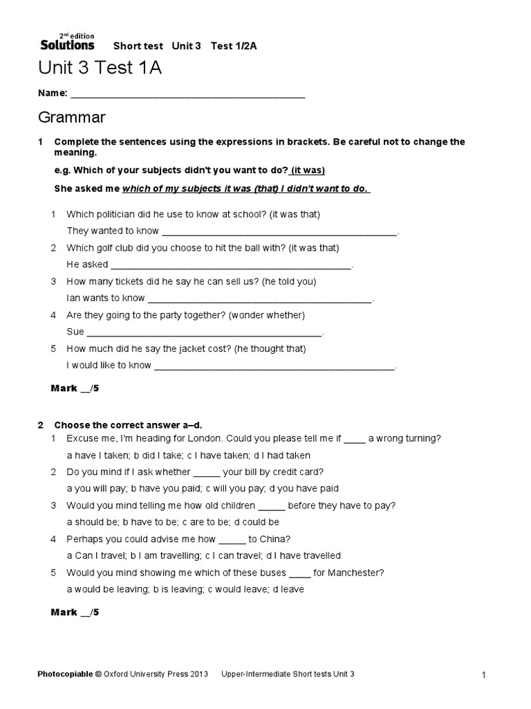 Upp-Int Short Tests Unit 03 1A 2A | PDF | Language Arts & Discipline