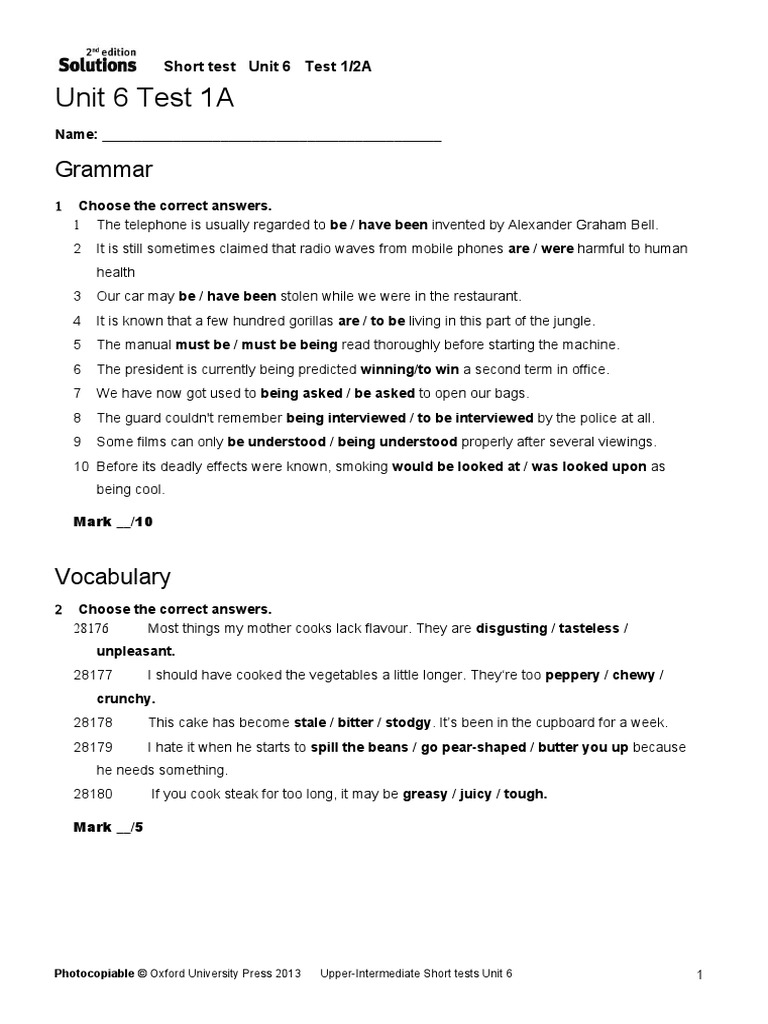 Upp-Int Short Tests Unit 06 1A 2A | PDF | Foods | Food And Drink