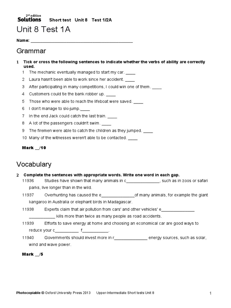 Upp-Int Short Tests Unit 08 1A 2A | PDF | Nature