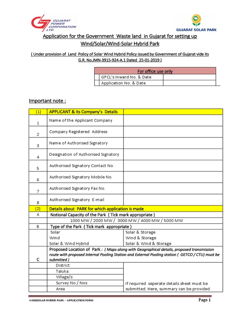 Gujarat Wind-Solar Park Application Form | PDF | Solar Power ...