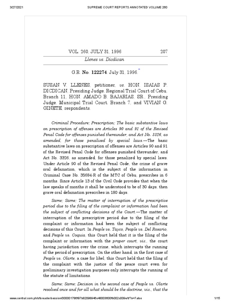 Llenes vs. Dicdican, 260 SCRA 207 PDF Statute Of Limitations