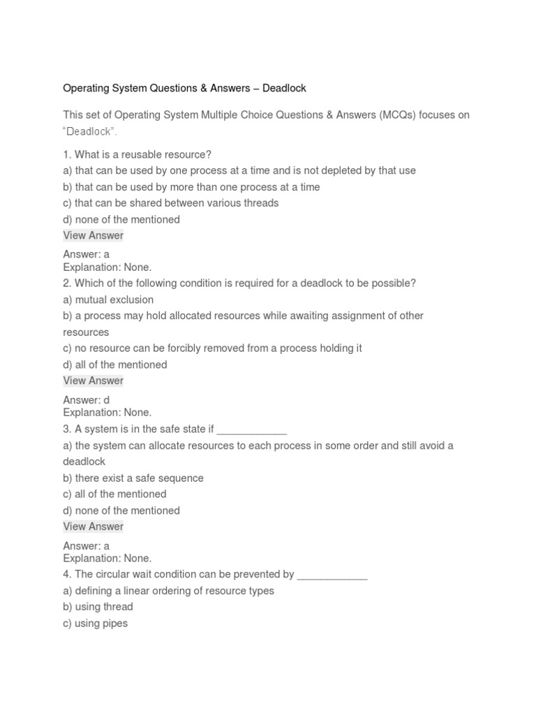 Operating System Questions & Answers - Deadlock | PDF | Process ...