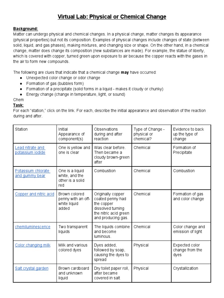 Virtual Lab Physical or Chemical Change | PDF | Chemical Substances ...
