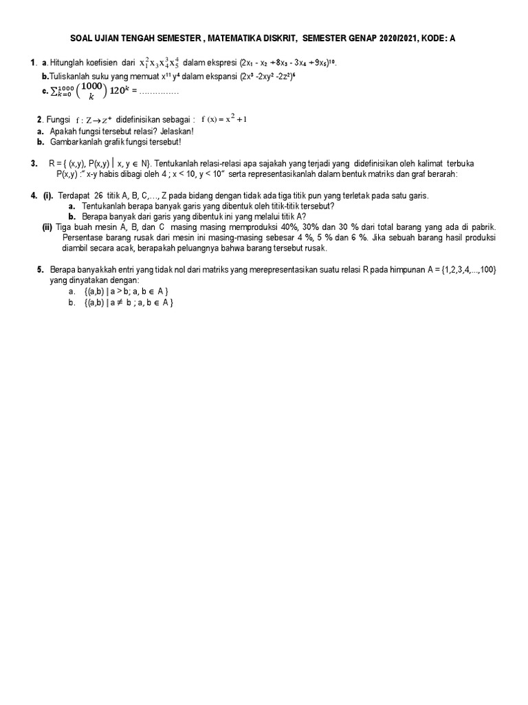 Soal UTS Matematika Diskrit 2021 | PDF | Metode & Bahan Ajar