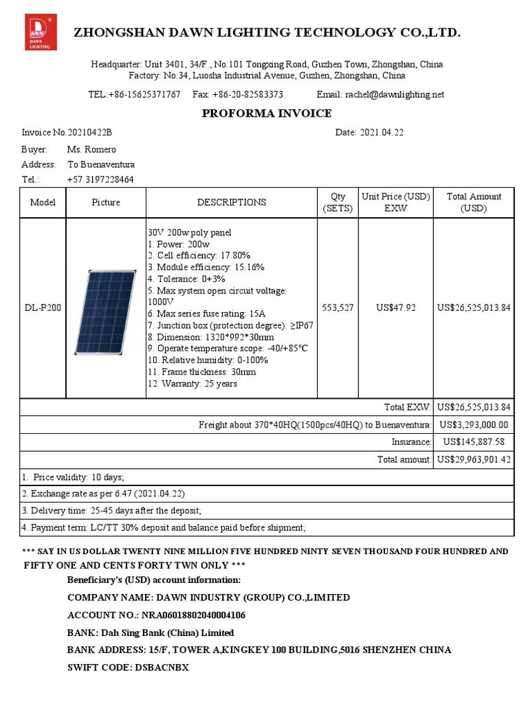 Proforma Invoice for DL-P200 Solar Panels | PDF | Financial Services ...