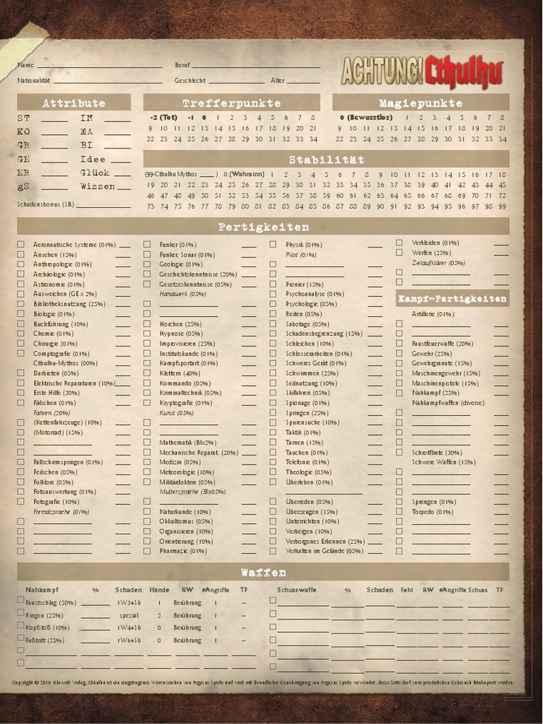 Achtung-Cthulhu Charakterbogen | PDF