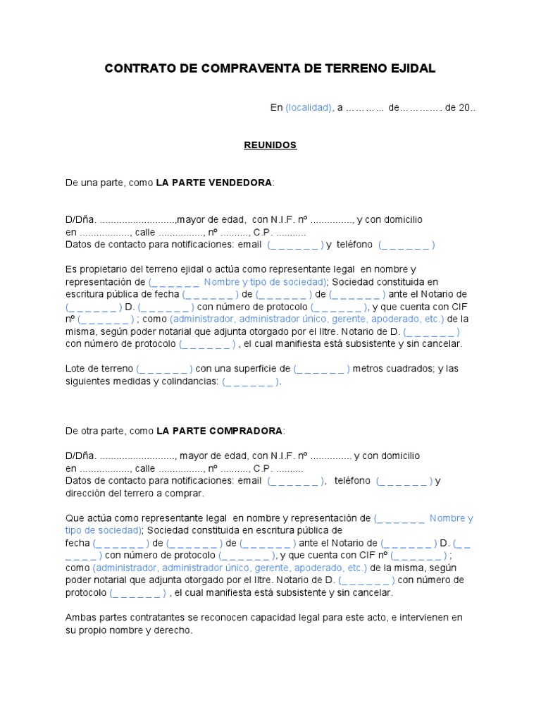 Contrato de Compraventa Terreno Ejidal PDF Derecho y economía Derecho privado